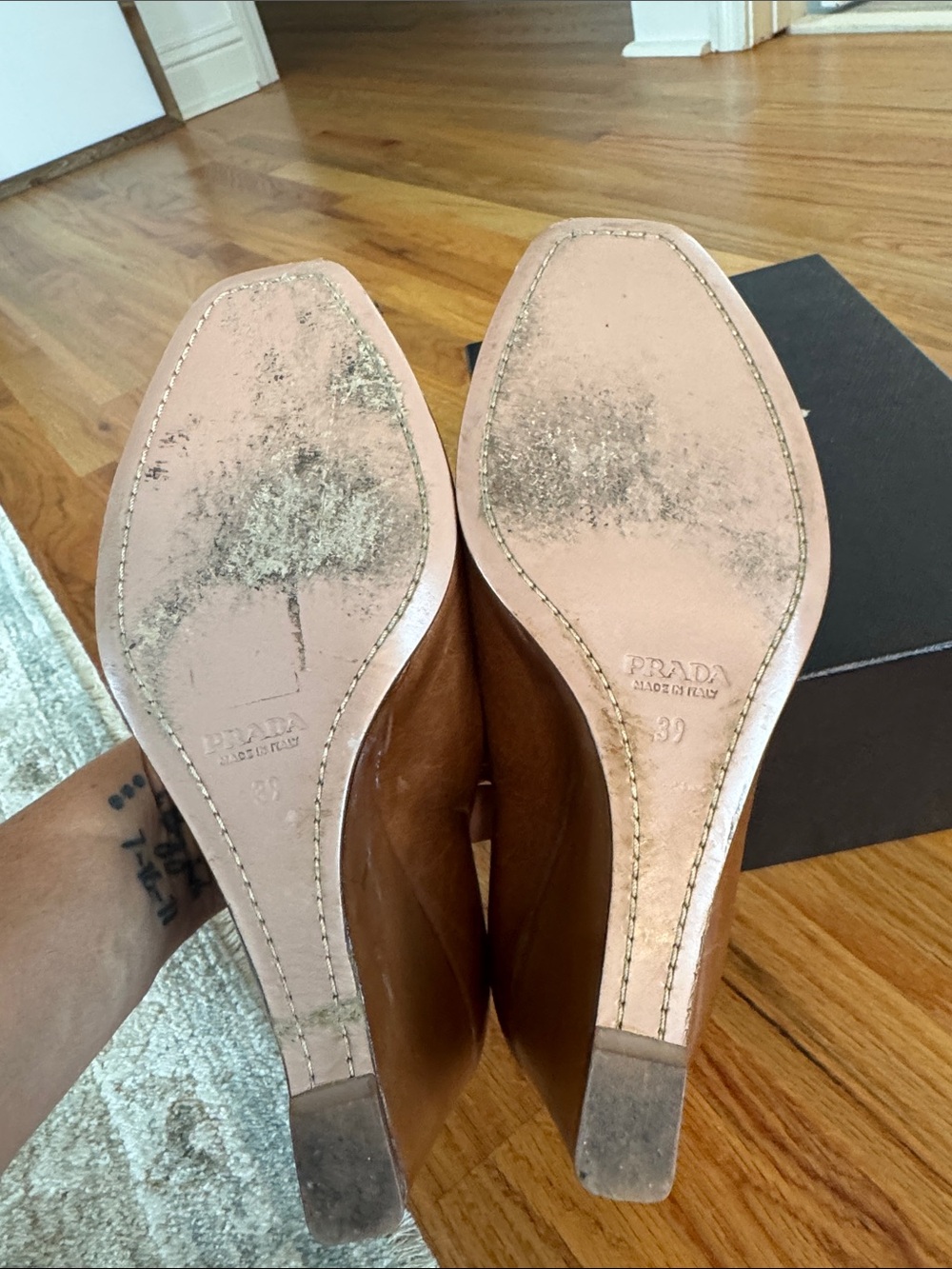 Prada Tan Leather Peep-Toe Heels - Picture 6 of 7